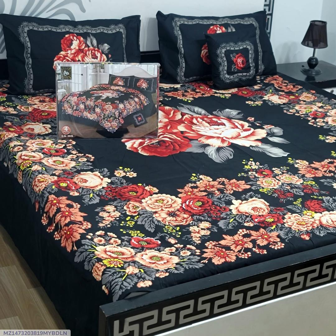 4 PCs Crystal Cotton Printed Double Bedsheet