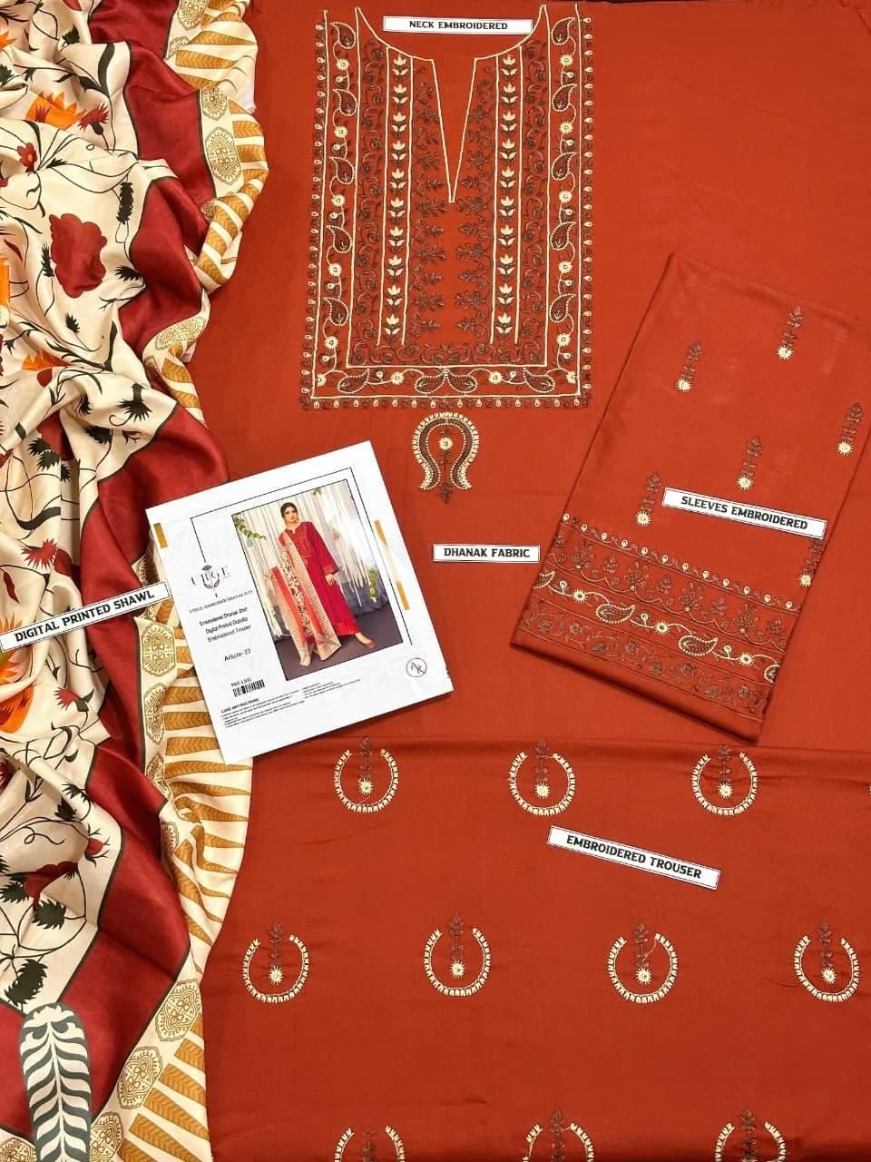 3 Pcs Women's Unstitched Embroidered Suit