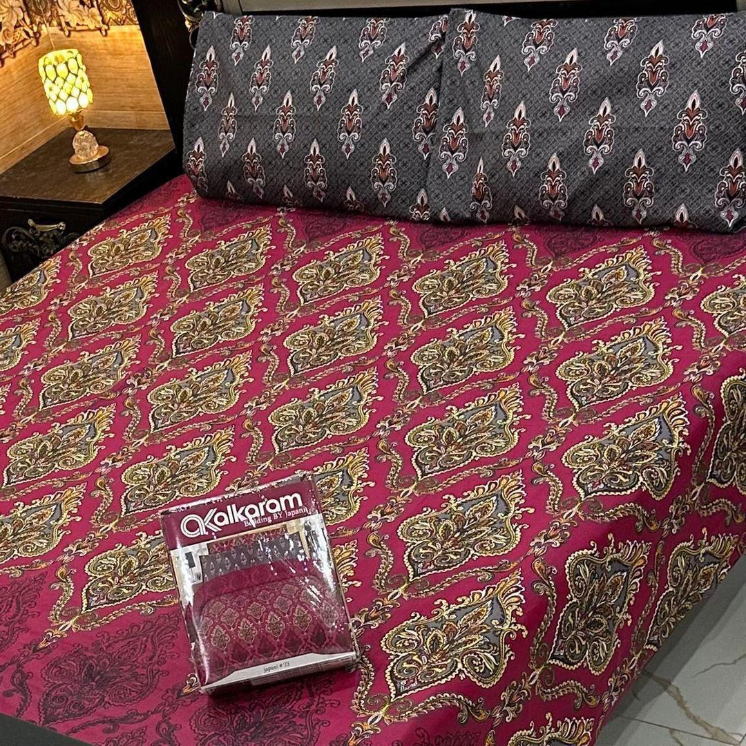3 PCs Cotton Salonica Printed Double Bedsheet