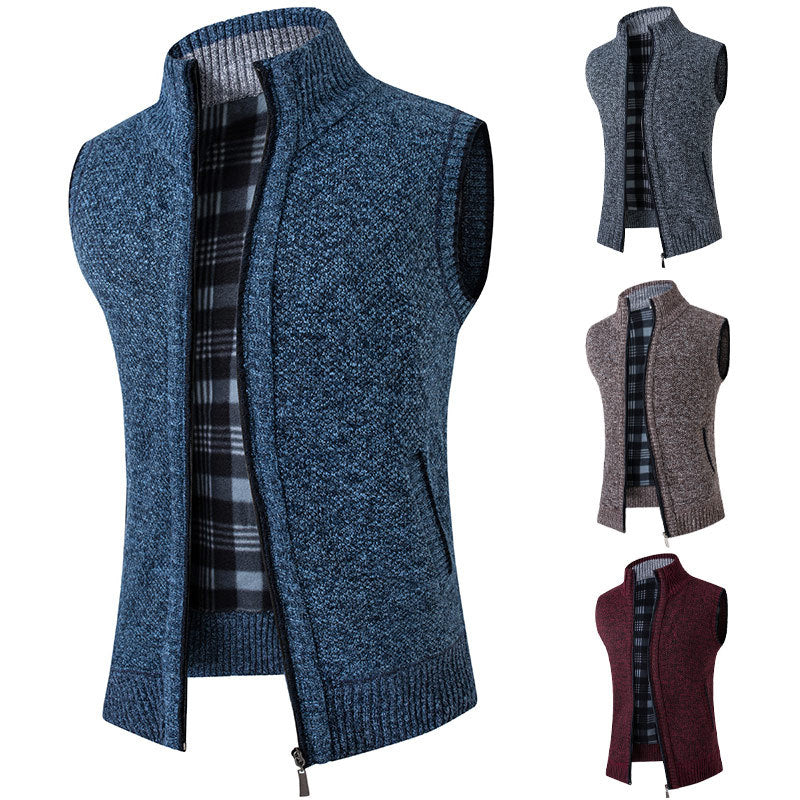 Cross Boarder Men's Cardigan Loose Stand up Collar Knitwear Vest Men's Velvet Thickened Causual Fashion Warm Knitwear Jacket