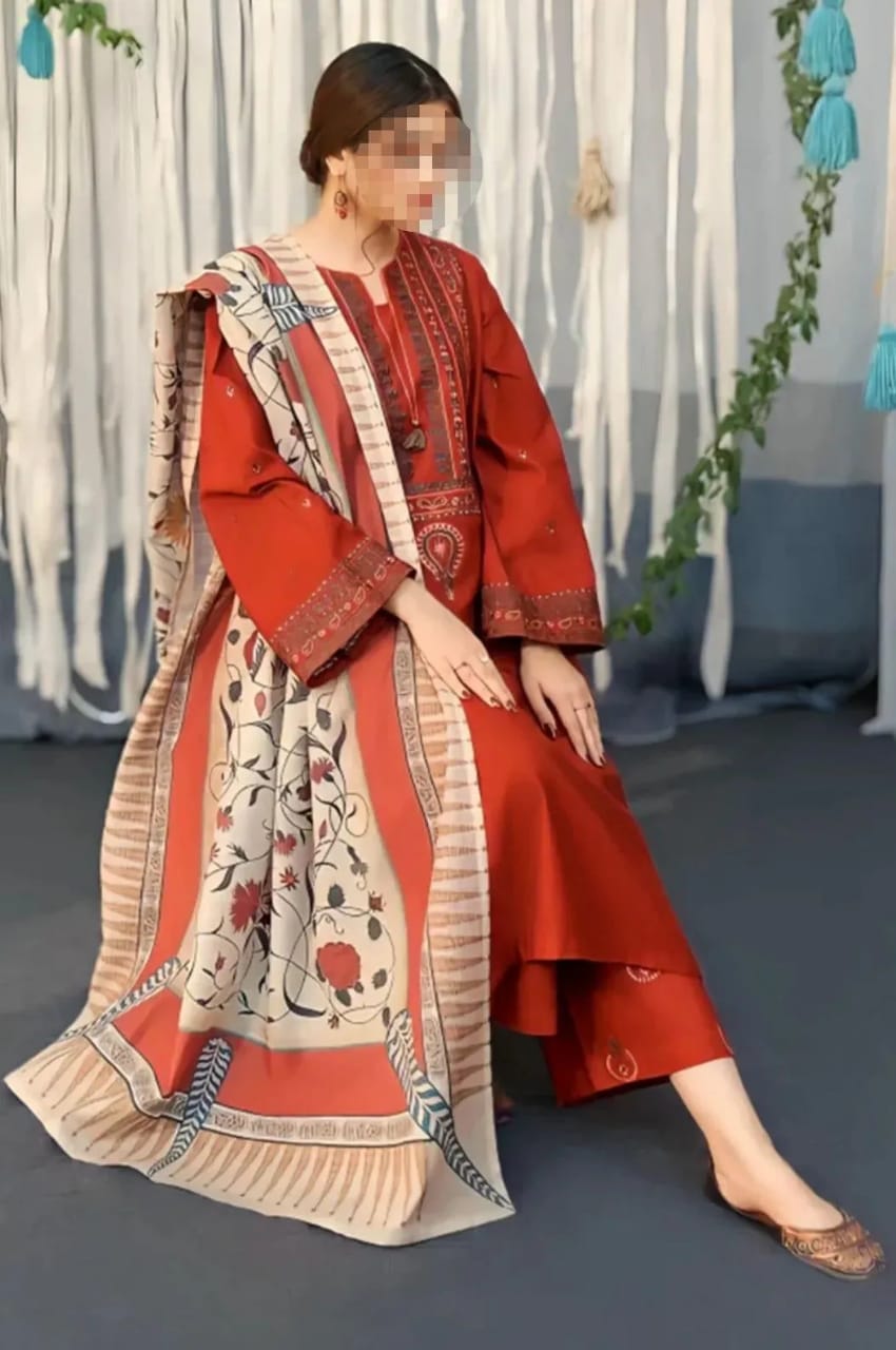 3 Pcs Women's Unstitched Embroidered Suit