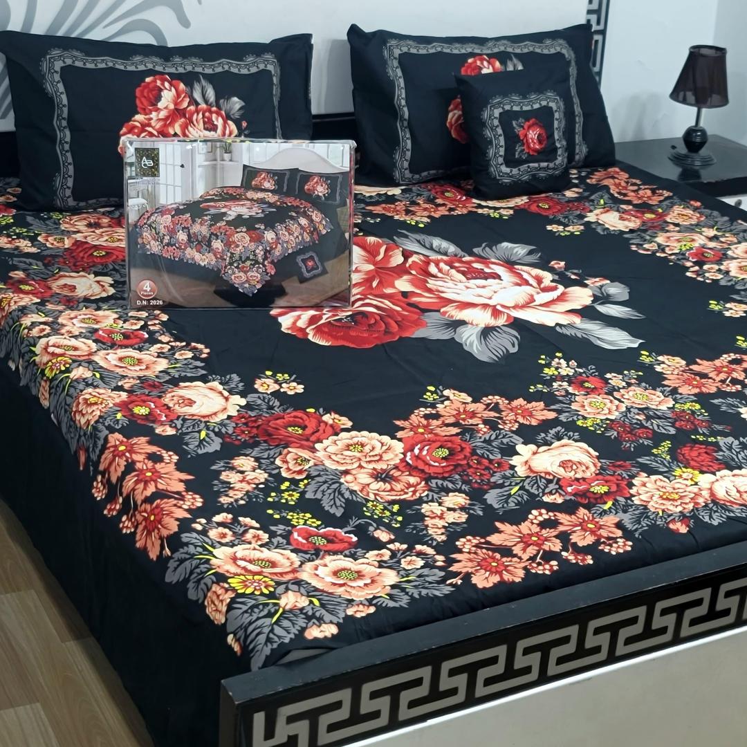 4 PCs Crystal Cotton Printed Double Bedsheet