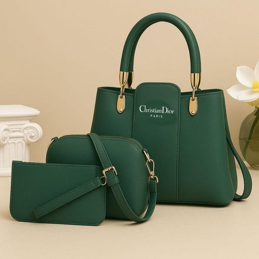 3 Pcs Womens Green PU Leather Hannd Bag Set- Chic Style