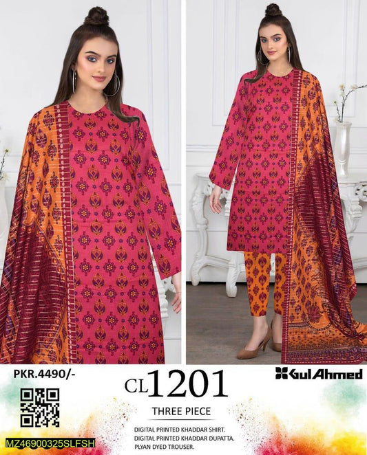 3Pc's Women's Unstitched Khaddar Printed Suit