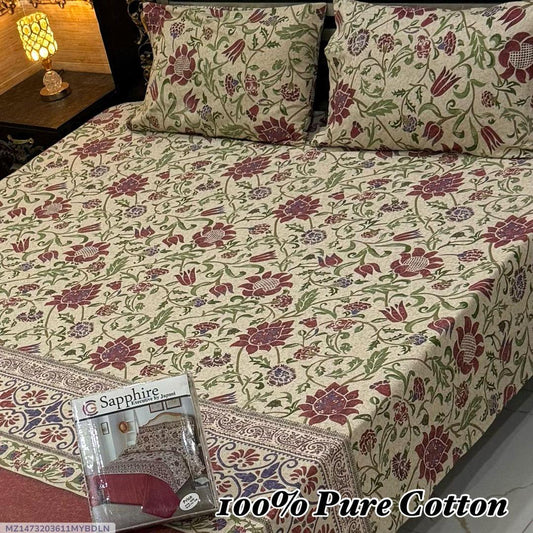 3 Pc'c printed Cotton Double Bedsheet