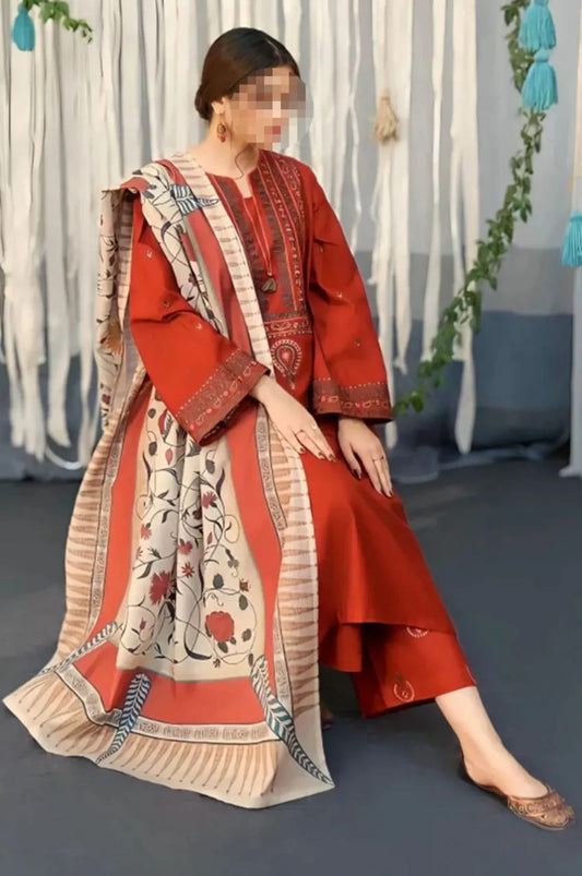 3 Pcs Women's Unstitched Embroidered Suit