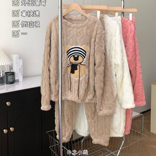 Helloy Kitty Bear Coral Fleece Pajamas Winter Flannel Thickned Pants Sweet Cartoon Cute Home Clothes Suit