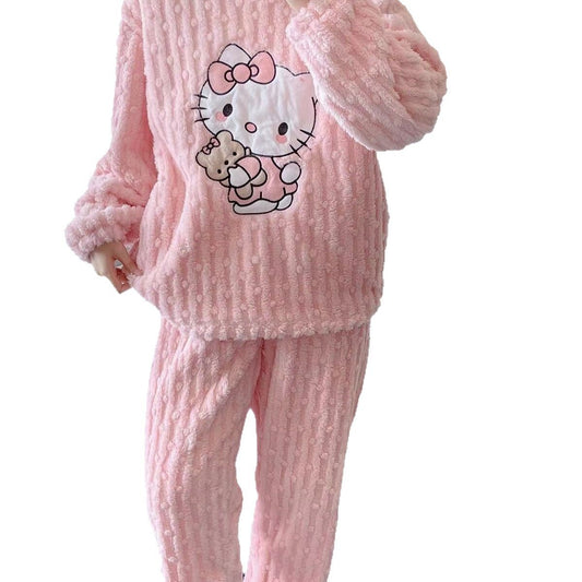Helloy Kitty Bear Coral Fleece Pajamas Winter Flannel Thickned Pants Sweet Cartoon Cute Home Clothes Suit